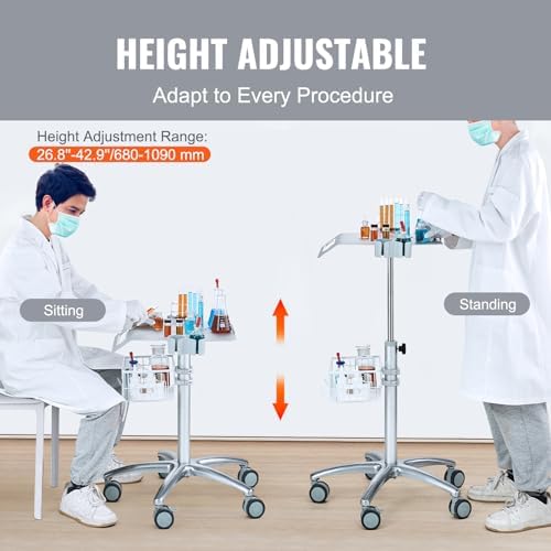 VEVOR Medical Trolley with Wheels - Height Adjustable Gas Lift, Large Tabletop 19"×17", Stainless Steel Rolling Laptop Cart with Storage Basket,Mobile Metal Scanner Cart for Ultrasound/Dental/EKG/Lab​ - Image 5