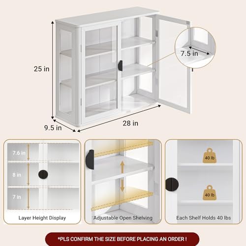 FIMELLO 28’’W Wall Cabinet with Tempered Glass Doors, Bathroom Cabinet Wall Mount, Kitchen Wall Cabinet, Floating Cabinet for Bathroom, Wall Mount Salon Station for Barber, Beauty, White - Image 2