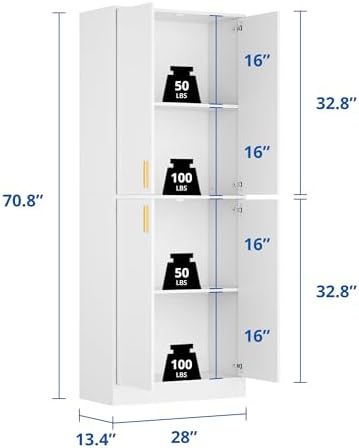 Cozy Castle Kitchen Pantry Cabinet, 71" Tall Wood Storage Cabinet with Doors and Shelves 4 Doors Freestanding Cupboard for Dining Room Living Room Furniture, White - Image 2