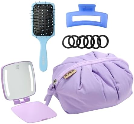 Conair Hair Accessories Kit for Women, Hair Clips, Hair Ties & Detangler Brush Set, No-Damage Styling Essentials for Travel & On-the-Go with Lighted Mirror & Puffer Bag, Purple by conair