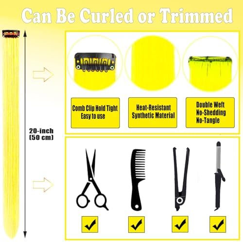 12 PCS Yellow Hair Extensions Clip in, Colorful Hair Accessories Set - Image 4