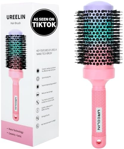 UREELIN Round Brush for Blow Out - 2.1 Inch Large Nano Thermal Ceramic & Ionic with Boar Bristles - Salon Blow Drying Hair Brush for Drying,Volumizing, Curling, Shine & Smooth Styling by UREELIN