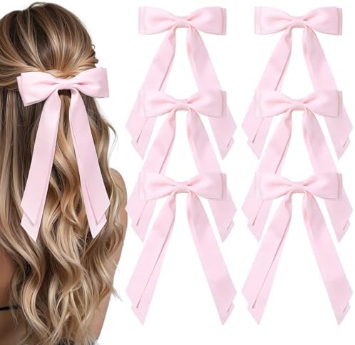 6PCS Pink Hair Bows, Large Ribbon Bow Hair Clips for Girls Women Cute Ponytail Holder Accessories for Toddlers Kids Teens by AILEAM