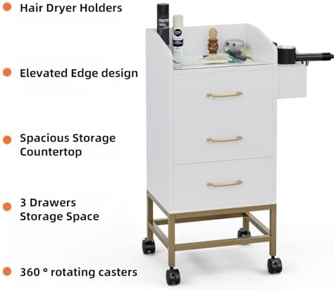 Salon Station for Hair Stylist, White Beauty Barber Storage Systems on 4 Lockable Wheels, Modern Salon Workstation, Rolling Beauty Cabinet Cart with 3 Drawers and 3 Hair Dryer Holders - Image 3