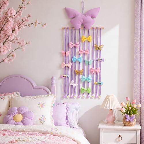 Long Bow Holder for Girls Baby Pink Purple Butterfly Hair Clip Organizer - Image 6