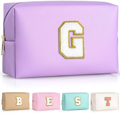 TOPEAST Travel Makeup Bag, Personalized Initial Toiletry Bag w Zipper, Cute Makeup Pouch, PU Leather Waterproof Cosmetic Bag, Birthday Gift for Daughter, Preppy Things for Girls (Purple G) by TOPEAST