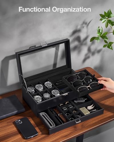 ProCase Mens Jewelry Box,6 Slot Watch Box & 3 Slot Sunglass Holder-AllBlack - Image 3