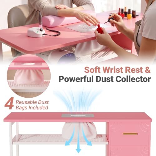 Manicure Table Nail Desk with Dust Collector & Wheels (Pink) - Image 3