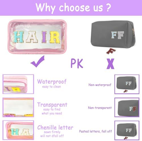 Bunliuys Chenille Letter Clear Makeup Bag Travel Patch, Travel Toiletry Makeup Bag with Handle, Nylon Waterproof Makeup Bags clear cosmetic bag, preppy patch makeup bag for Women (TRAVEL-Violet) - Image 4