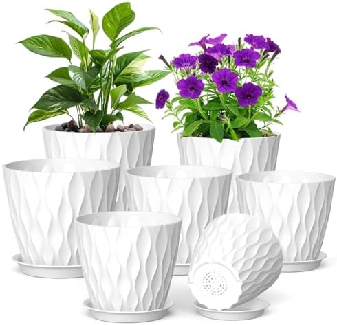 Meowell 7/6.5/6/5.5/5/4.5/4 inch Plant Pots for Indoor Outdoor Plants, 7 Pack Thick Flower Pots with Drainage Holes and Saucers, Modern Wave Texture Plastic Planter Pots for Nursery, Succulent, White by Meowell