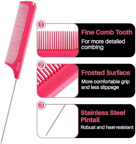 RHOS Retractable Fine Tooth Comb for Hair Parting, Styling, Cutting and Braiding - Carbon and Stainless Steel Pin Tail Comb (Pink) - Image 5