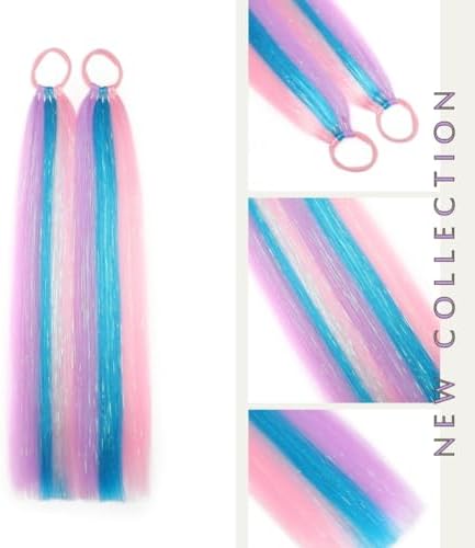 Purple/Blue/Pink Ponytail Extensions With Tinsel, Braiding Hair Extensions Gilrs Hair Accessories Synthetic Hair Extensions for Women Daily Party Halloween Rave Crazy Days Hair Tinsel Extensions 2pcs - Image 2