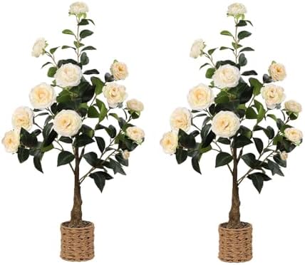 2Pack Artificial Camellia Tree, 3Ft Faux Yellow Camellia Plant in Pot, Fake Outdoor Tree Camellia Flower Tree for Home Office Living Room Floor Indoor Decor by Unknown
