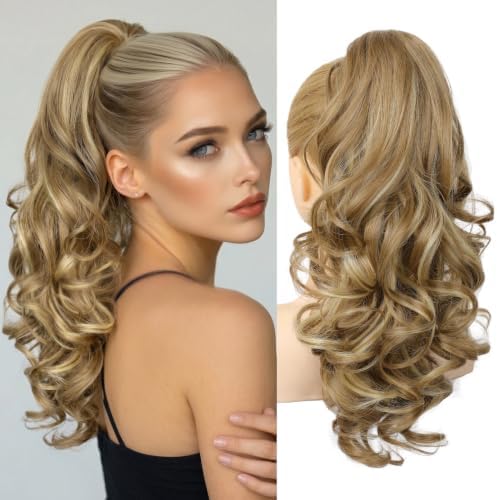 REECHO Ponytail Extension, 18" Clip in Ponytail Hair Extensions for Women, Short Wavy Synthetic Pony Tail Hairpiece for Daily Wear Cheer Dance,Medium Blonde with Blonde Highlights by REECHO