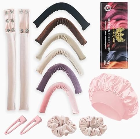 13-in-1 Heatless Curls Overnight,8 PCS Overnight Blowout Rods,Heatless Hair Curlers to Sleep In,Adjustable Heatless Curling Rod,Overnight Curls with Satin Bonnet for Sleeping,2 Scrunchies & Clips by JANALIJANE