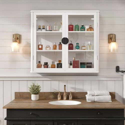 FIMELLO 28’’W Wall Cabinet with Tempered Glass Doors, Bathroom Cabinet Wall Mount, Kitchen Wall Cabinet, Floating Cabinet for Bathroom, Wall Mount Salon Station for Barber, Beauty, White - Image 4