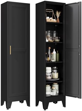 YAUWOH White Narrow Metal Storage Cabinet, Tall Freestanding Cabinet with 4 Adjustable Shelves & Barn Doors, Pantry Organizer for Bathroom Kitchen Home Office Dining Room（1PC,Black） by YAUWOHFactoryOutletsColorfulMetalFurniture