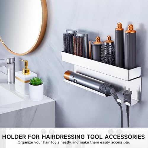 Storage Hair Dryer Holder for Curling Iron Wands Accessories, Hair Straightener Holder, Wall Mount Hair Tool Organizer for Styler Attachments, Curling Iron Holder Organizer for Bathroom, Silver - Image 3