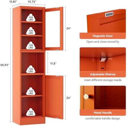 YAUWOH 2-Door Metal Storage Cabinet, Tall Slim Pantry Organizer with 3 Adjustable Shelves (120LBS/Shelf), Anti-Tipping Waterproof Cabinet for Bathroom/Kitchen/Home Office/Small Spaces,(1PC,Orange) - Image 3