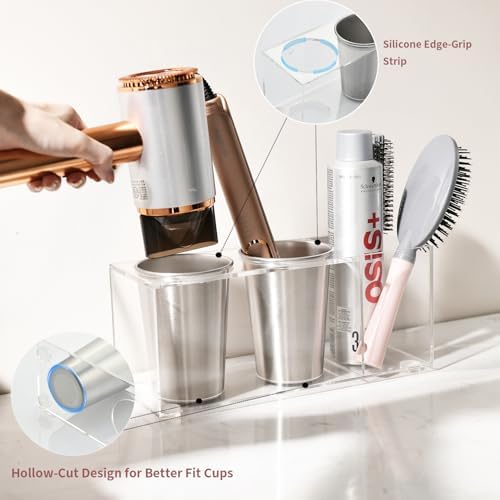 Hair Tool Organizer, Acrylic Hot Tools Organizer with 2 Stainless Steel Cups, Hair Tool Holder Wall Mount & Countertop for Dryer, Curling Iron & Brushes for Bathroom Vanity CHOCHOYAH - Image 3