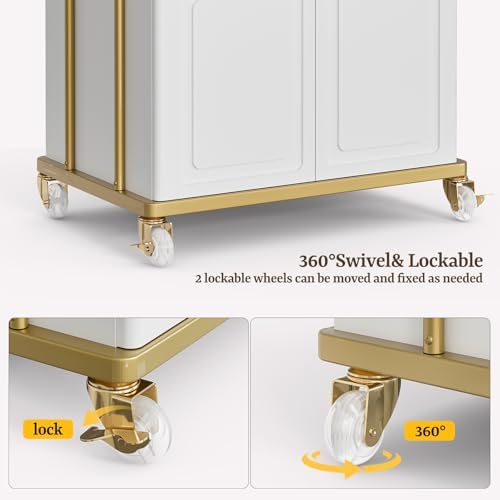 Salon Trolley Cart with Lockable Wheels, Salon Station Cabinet with Drawer & Cabinet for Hair Stylist Makeup Tool Organizer for Beauty Spa Barbershop (White&Gold) - Image 6