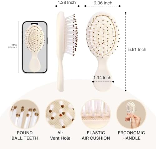 RHOS Mini Hair Brush for Women,Men and Kids-Travel Size Hair Brush for Purse,Pocket,backpack-Small Cushion Paddle Brush with Soft Bristles-Mini Detangler Brush for All Hair Types(1 Pack-Beige) - Image 2