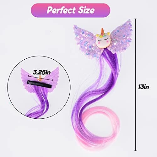 Little World Hair Clips for Girls - 6 Pcs Curly Clip in Hair Extensions with Cute Unicorn Bow - 13in Gradient Color Hair Clips for Girls Clip On for Toddler Kids Girls Ponytails Accessories - Image 2