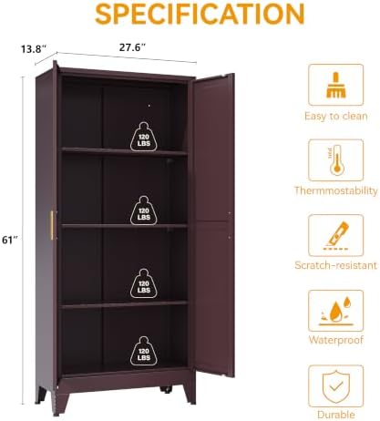 Metal Pantry Cabinet, Cherry Red Kitchen Storage Cabinets with 2 Barn Door - Image 3
