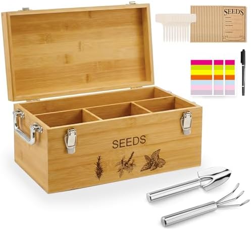 Natural Bamboo Seed Storage Organizer Box, Garden Tools Saving Kit by CleanKitchensHappyCooks
