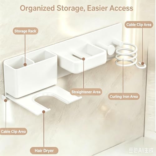 4-in-1 Hair Tool Organizer, Wall Mount Hair Dryer Holder, White - Image 5