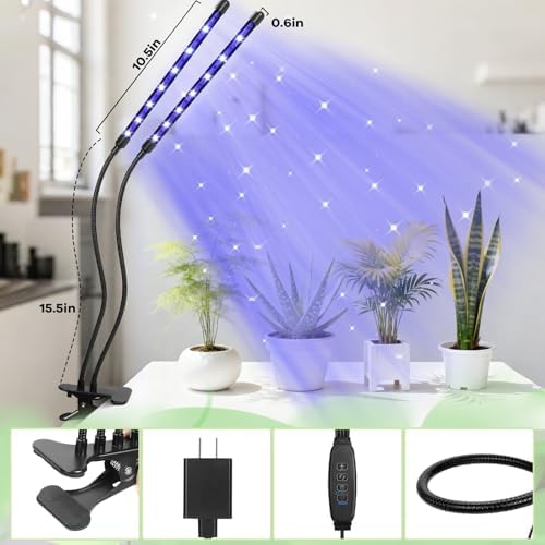 led Grow Lights, 2 Heads Red Blue Plant Light with Clamp for Indoor Plants & Seed Starting, 10-Level Dimmable, Auto On Off, Timing 3 9 12Hrs - Image 2