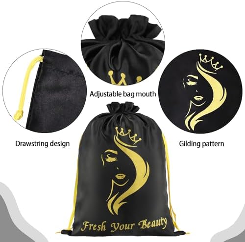 Silk Satin Pouches with Drawstring - Soft Hair Packaging Bags for Bundles, Wigs, Tools & Salon Use (6 PCS Black) - Image 4