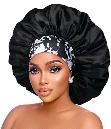 Silk Satin Bonnet Hair Cap: 2pcs 17inch Diameter Extra Large Jumbo Sleeping Satin Bonnets with Comfortable Flower Band - High Density Satin Bonnets for Women Braids Curly Night Cap（Black & Coffee） - Image 2