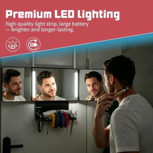 3 Way Mirror for Self Hair Cutting with Storage Shelf, LED Lights - Image 4