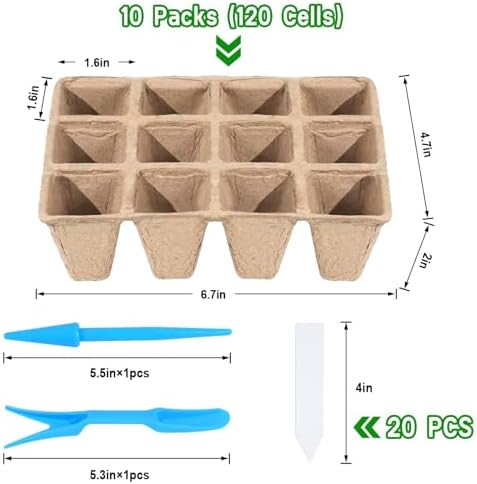 10 Packs Seedling Starter Trays, 120 Cells Biodegradable Seed Starter Plant Pots，Seed Germination Starter Tray Kit with 20 Labels, 2 Transplant Tools - Image 2