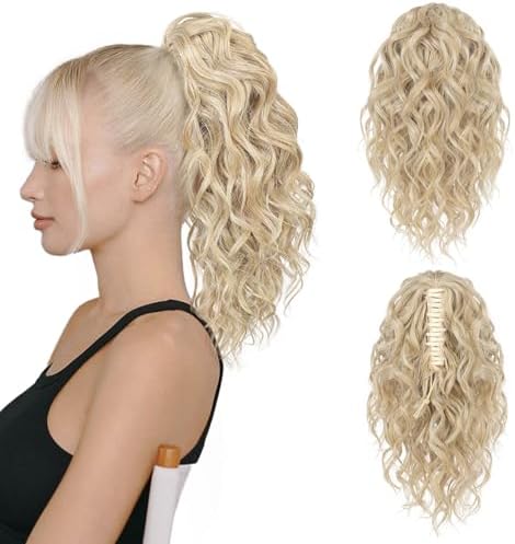 Flufymooz Ponytail Extension, 12" Short Claw Ponytail Extension Wavy Curly Jaw Clip in Pony tails Hair Extension Natural Synthetic Hairpiece for Women (Cool Blonde) by Flufymooz