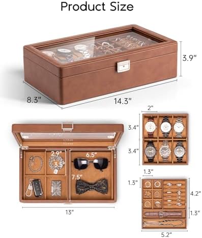 VLANDO Watch Box,Faux Leather Watch Case for Men,Rings Bracelet, Sunglasses, Watch Strap Storage Box Brown - Image 4