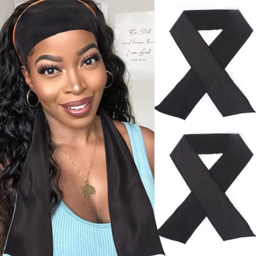 XTREND 2Pcs Edge Laying Scarf for Wigs Fashion Edge Scarf for Lace Front Wig 58 Inch Soft Women's Satin Headband for Makeup Non Slip Hair Wrap Wigs Grip (2pcs Black#) by XTREND