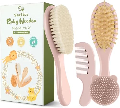 Yoofoss 4 Piece Baby Hair Brush and Comb Set，Wooden Baby Hair Brush with Natural Ultra Soft Goat Hair, Baby Comb Set for Boy, Girl - Pink by YOOFOSS