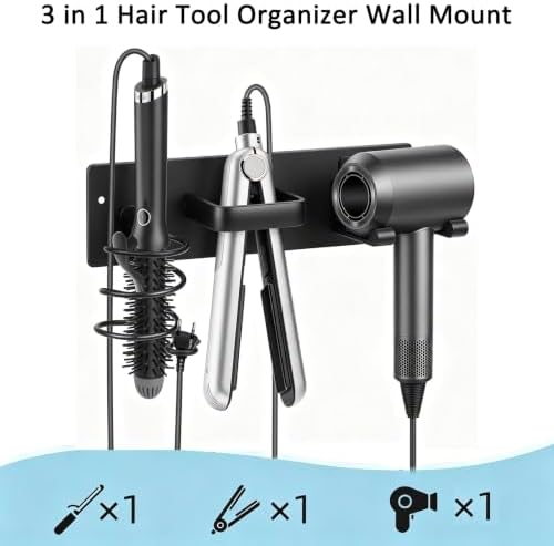 3-in-1 Aluminum Hair Dryer Holder, Matte Black Styling Tools Rack - Image 5