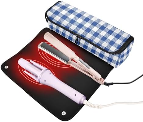 Blue Plaid Check Hair Tools Travel Bag Portable Carrying Case with Heat Resistant Mat Travel Organizer Pouch for Curling Iron Flat Irons Hair Dryer - Image 2