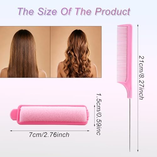 44 Pcs 0.59 Inch Foam Hair Roller Set with Rat Tail Combs, Pink - Image 3