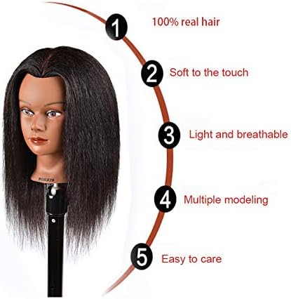 Mannequin Head 100% Real Hair Afro Mannequin Head Hair Styling Hairdresser Training Head Manikin Cosmetology Doll Head for Practice Cutting Braiding with Free Clamp Stand - Image 3