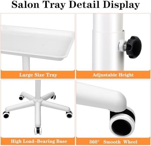 Salon Tray on Wheels, Salon Rolling Tray with Adjustable Height, White - Image 3