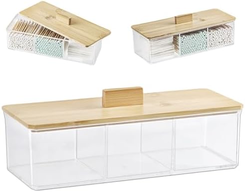 ZEXALOR Clear Bathroom Dresser Organizer - Cotton Ball Swab Holder with 3 Divided Compartments&Lid, Waterproof Transparent Small Plastic Storage Containers, Vanity Makeup Organization by ZEXALOR