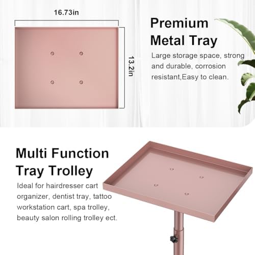 Salon Tray Cart, Tattoo Tray Rolling Tray Adjustable Height, Pink Storage Tray Cart, Hair Stylist Tray Cart Service Tray Trolley for Home Salon Clinic Spa (Rose Gold) - Image 2