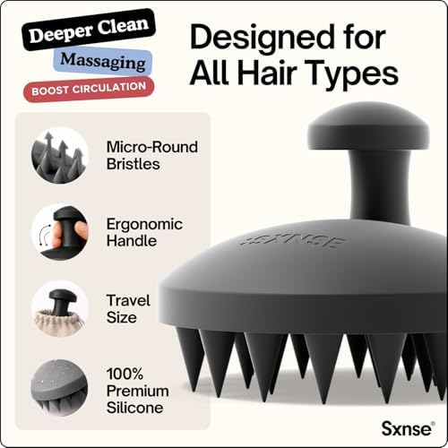 SXNSE Revive Silicone Scalp Massager - Manual Scalp Scrubber & Exfoliator Brush for Dandruff, Buildup & Itch - Scalp Shampoo Brush for Wet & Dry Hair with Soft Bristles and Easy-Grip Handle, Jet - Image 2