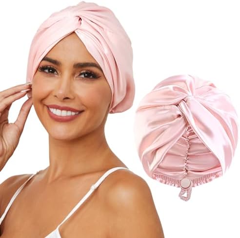 HFRHTGY Adjustable Silk Satin Hair Bonnet for Sleeping, Double Layer Hair Wrap Sleep Cap Turban for Women Men, Curly Straight Braid Unisex (Royal Pink) by HFRHTGY