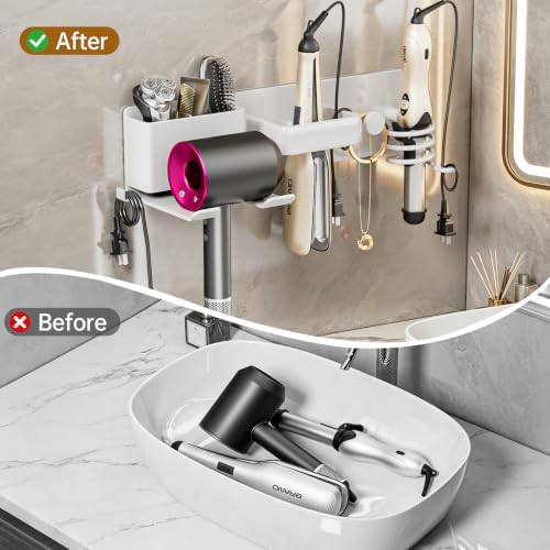 5 in 1 Hair Dryer Holder Hair Tool Organizer Metal Wall Mount (White) - Image 5