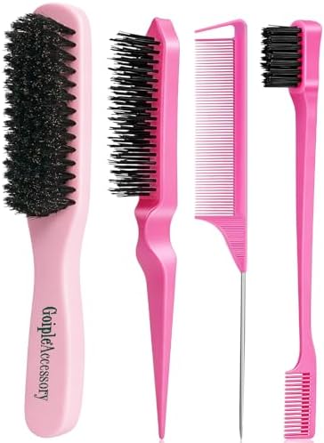 Boar Bristle Slick Back Hair Brush for Smooth Flyaways, Frizz, Sleek Ponytail, Buns and Edge Baby Hair, Teasing | Hair Comb, Edge Brush, Teasing Brush Styling Accessories for Kids, Women & Men (Pink) by Goiple